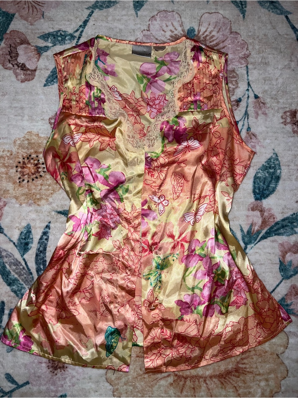 Kim Rogers Peach and Cream Floral Satin Camisole with Pink Accents
